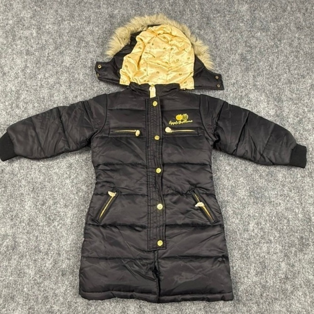 Kids Black Puffer Coat with Gold Trim and Faux-Fur Hood